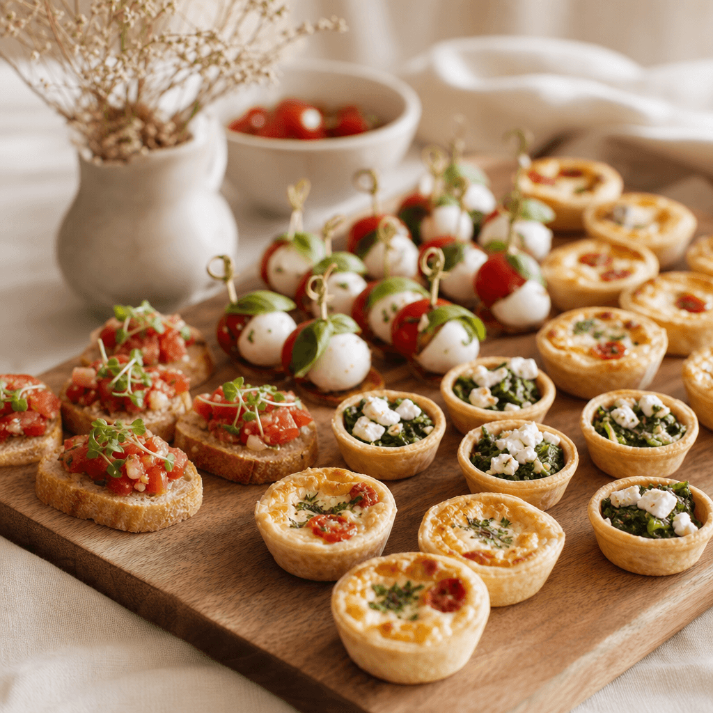 Vava Dessert Tables savoury pastries including quiche bites and caprese skewers