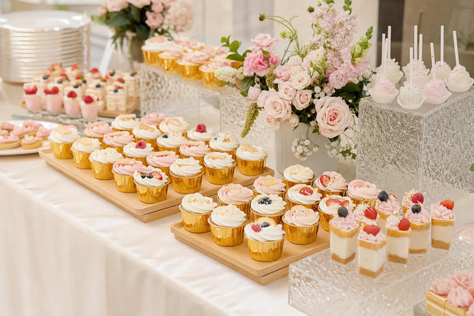 Pastel-themed birthday dessert table