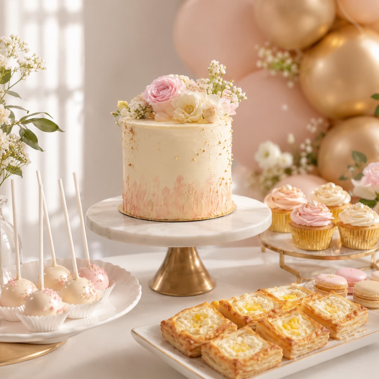 Birthday dessert table with a floral cake on a raised stand, cake pops, cupcakes and macarons at varied heights