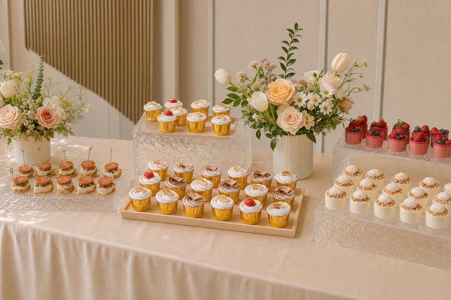 Dessert table with mini cakes and macarons for a party