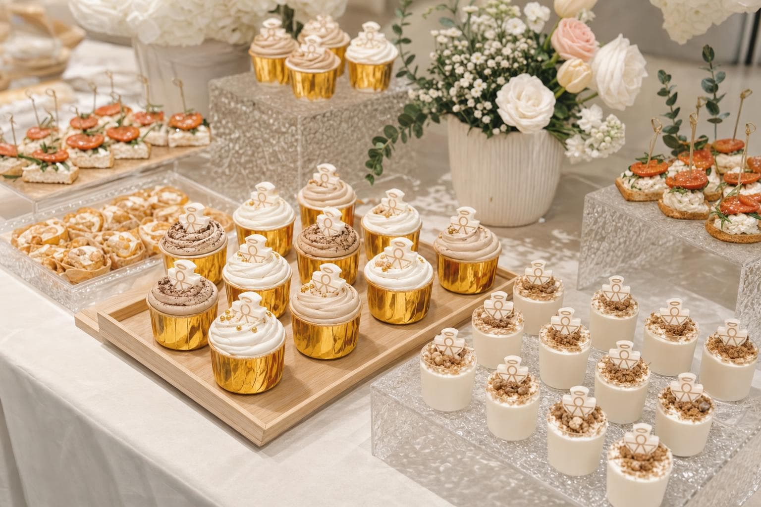Custom-branded dessert table with corporate logo signage