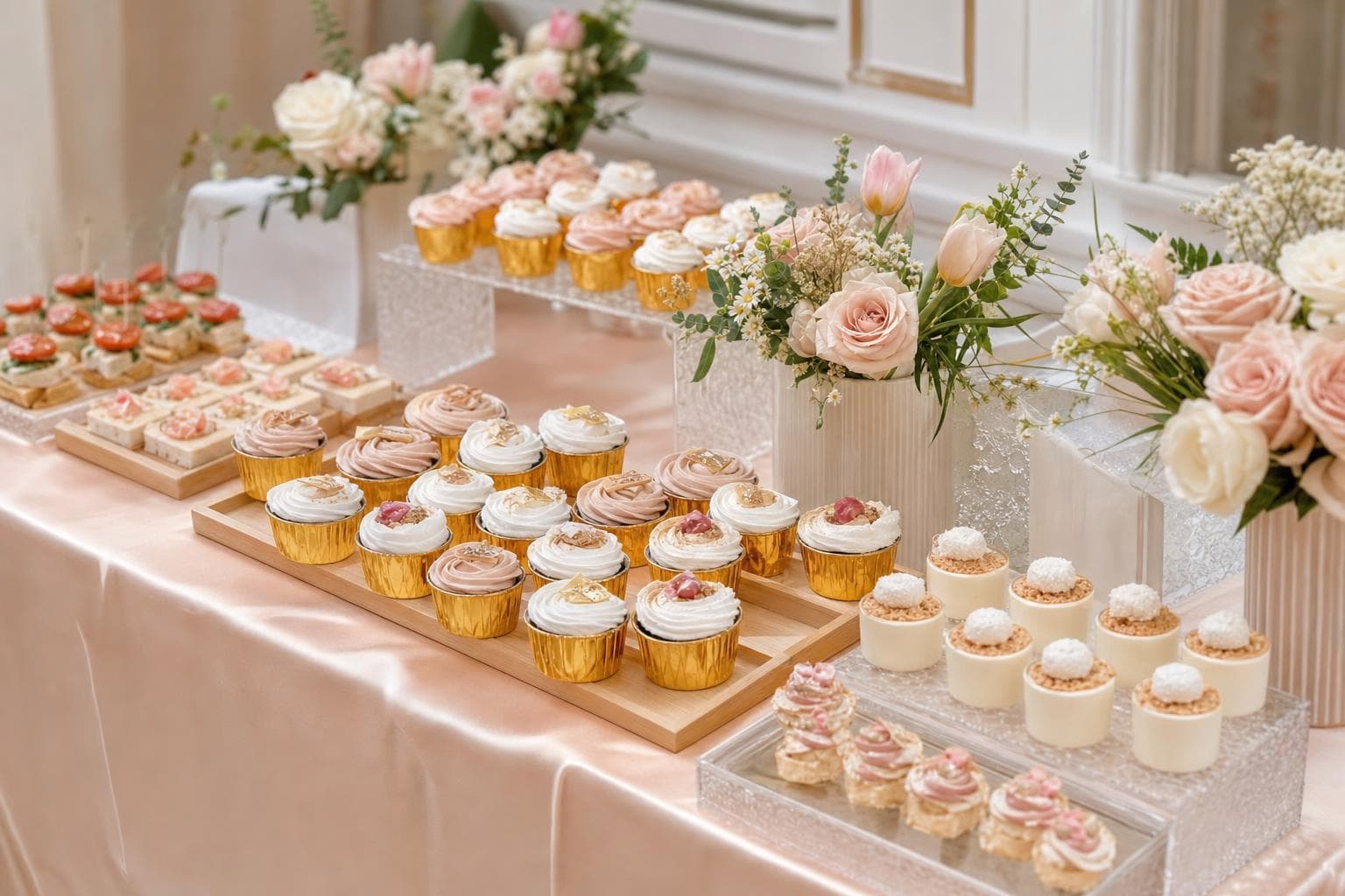 Colour-matched dessert table in blush and gold