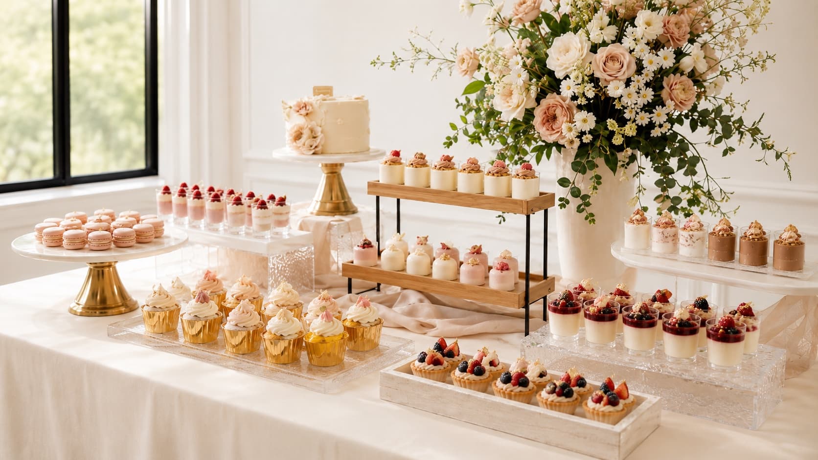 Custom Vava dessert table styled with pastel macarons, mini cakes, and florals at a Toronto event