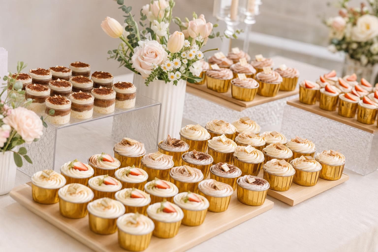 Individually portioned Vava desserts on a catering tray