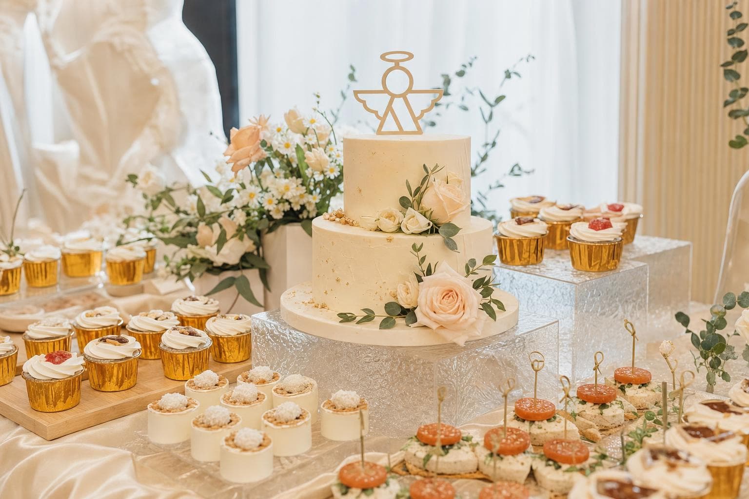 Vava Designer Cakes wedding cake displayed alongside a dessert table